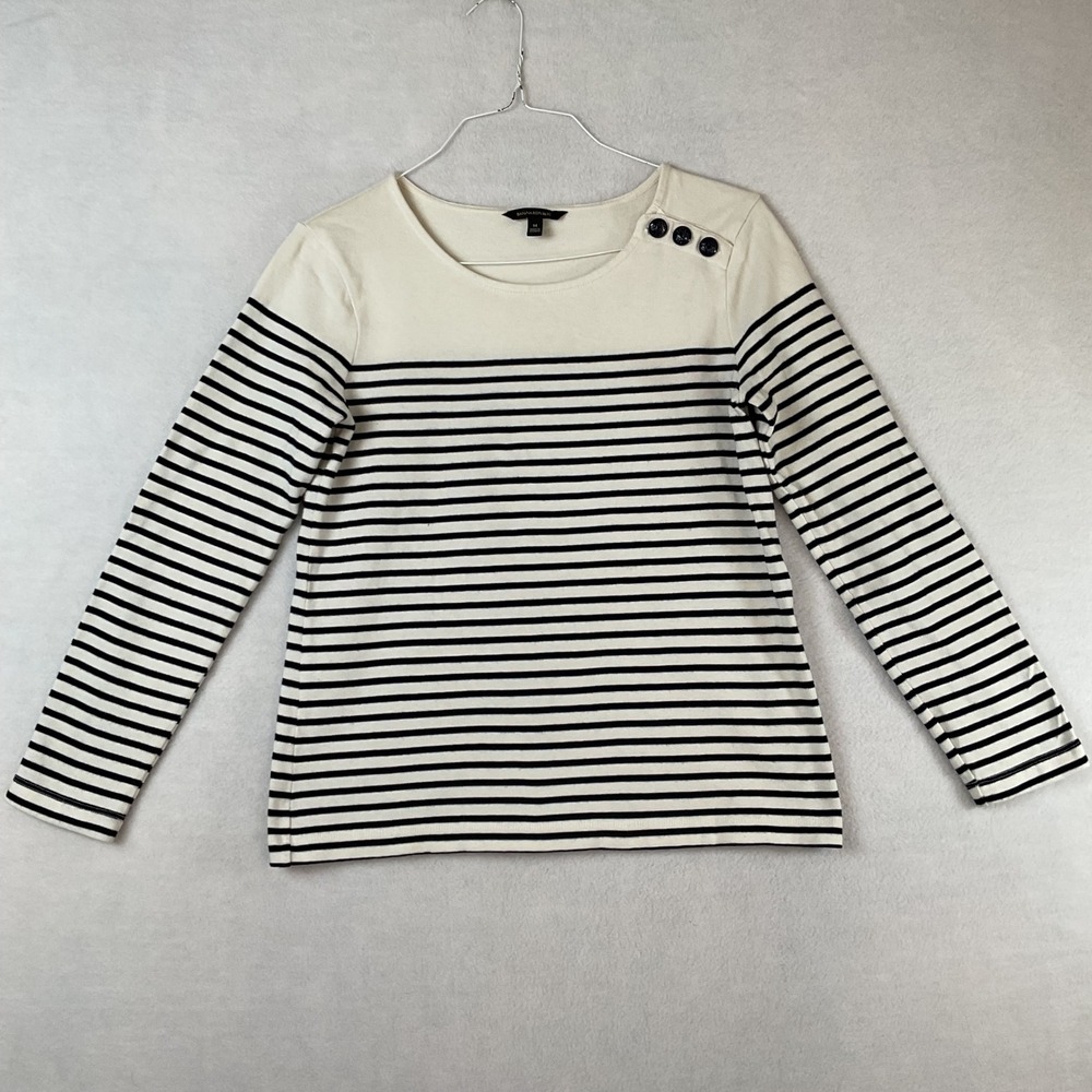 Banana Republic Womens Navy Cream Striped Cotton Boat Neck Button Sweater M‎